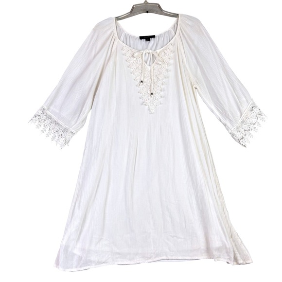 NAIF Dresses & Skirts - Naif Womens L White Tunic Dress Crochet Lace V-Neck Boho Crinkle Gauze Cottage